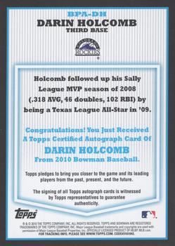 2010 Bowman - Prospect Autographs #BPA-DH Darin Holcomb Back