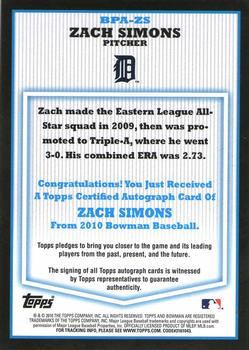 2010 Bowman - Prospect Autographs #BPA-ZS Zach Simons Back