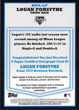 2010 Bowman - Prospect Autographs #BPA-LF Logan Forsythe Back