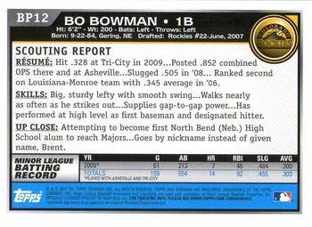 2010 Bowman Chrome - Prospects Black #BP12 Bo Bowman Back
