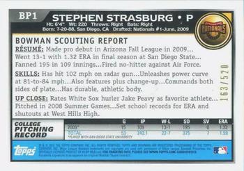 2010 Bowman - Prospects Blue #BP1 Stephen Strasburg Back