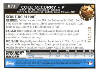 2010 Bowman - Prospects Blue #BP3 Cole McCurry Back
