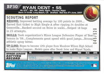 2010 Bowman - Prospects Blue #BP30 Ryan Dent Back