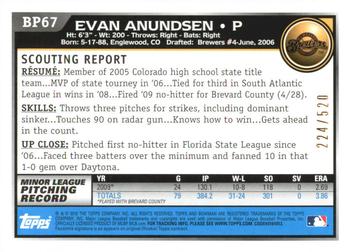 2010 Bowman - Prospects Blue #BP67 Evan Anundsen Back