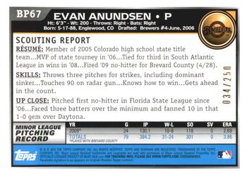 2010 Bowman - Prospects Orange #BP67 Evan Anundsen Back