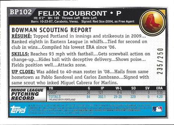 2010 Bowman - Prospects Orange #BP102 Felix Doubront Back