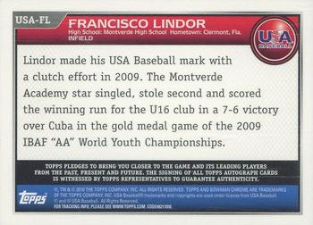 2010 Bowman Chrome - 18U USA Baseball Autographs #USA-FL Francisco Lindor Back