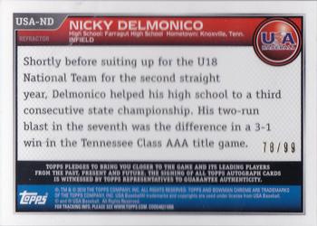 2010 Bowman Chrome - 18U USA Baseball Autographs Blue Refractors #USA-ND Nicky Delmonico Back