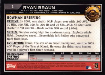 2010 Bowman Chrome - Refractors #1 Ryan Braun Back