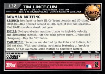 2010 Bowman Chrome - Refractors #132 Tim Lincecum Back