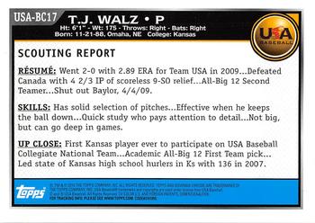 2010 Bowman Chrome - USA Baseball #USA-BC17 T.J. Walz Back