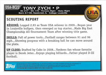 2010 Bowman Chrome - USA Baseball #USA-BC22 Tony Zych Back