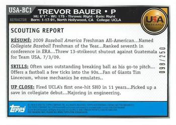 2010 Bowman Chrome - USA Baseball Blue Refractors #USA-BC1 Trevor Bauer Back