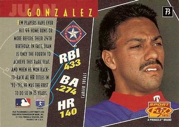1995 Sportflix #73 Juan Gonzalez Back
