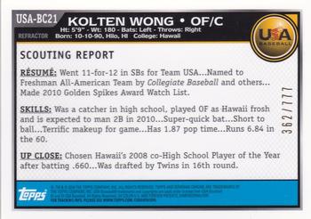 2010 Bowman Chrome - USA Baseball Refractors #USA-BC21 Kolten Wong Back