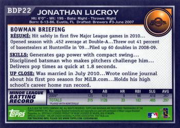 2010 Bowman Draft Picks & Prospects - Gold #BDP22 Jonathan Lucroy Back