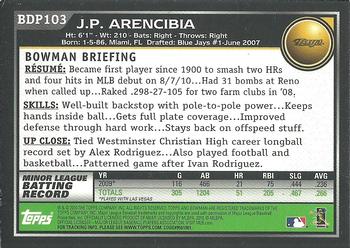 2010 Bowman Draft Picks & Prospects - Gold #BDP103 J.P. Arencibia Back