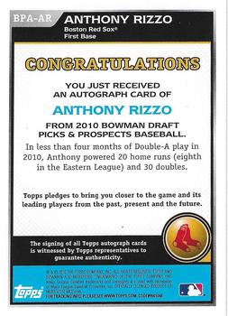 2010 Bowman Draft Picks & Prospects - Prospect Autographs #BPA-AR Anthony Rizzo Back