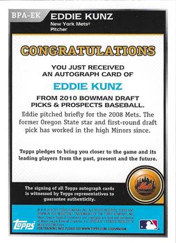 2010 Bowman Draft Picks & Prospects - Prospect Autographs #BPA-EK Eddie Kunz Back