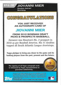 2010 Bowman Draft Picks & Prospects - Prospect Autographs #BPA-JM Jiovanni Mier Back
