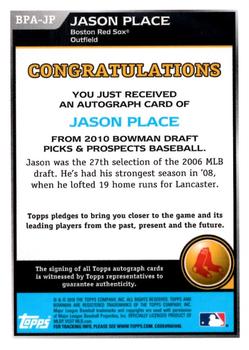 2010 Bowman Draft Picks & Prospects - Prospect Autographs #BPA-JP Jason Place Back