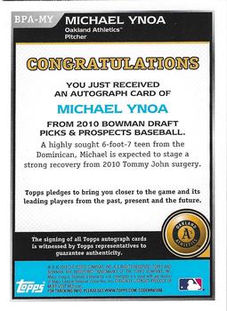 2010 Bowman Draft Picks & Prospects - Prospect Autographs #BPA-MY Michael Ynoa Back