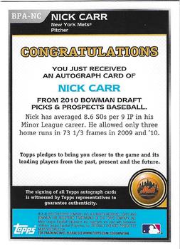 2010 Bowman Draft Picks & Prospects - Prospect Autographs #BPA-NC Nick Carr Back