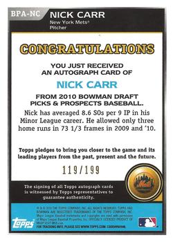 2010 Bowman Draft Picks & Prospects - Prospect Autographs Blue #BPA-NC Nick Carr Back