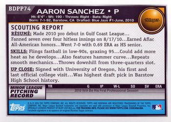 2010 Bowman Draft Picks & Prospects - Prospects #BDPP74 Aaron Sanchez Back