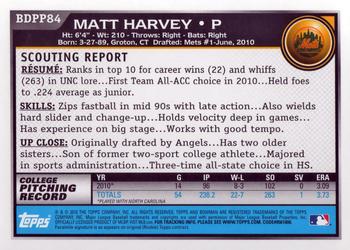 2010 Bowman Draft Picks & Prospects - Prospects #BDPP84 Matt Harvey Back