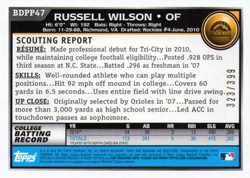 2010 Bowman Draft Picks & Prospects - Prospects Blue #BDPP47 Russell Wilson Back