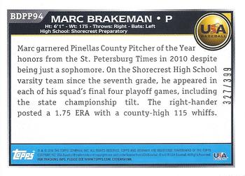 2010 Bowman Draft Picks & Prospects - Prospects Blue #BDPP94 Marc Brakeman Back