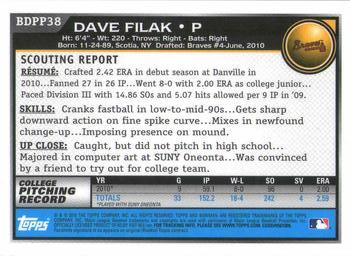 2010 Bowman Draft Picks & Prospects - Prospects Gold #BDPP38 Dave Filak Back