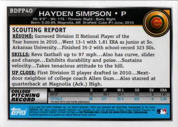 2010 Bowman Draft Picks & Prospects - Prospects Gold #BDPP40 Hayden Simpson Back