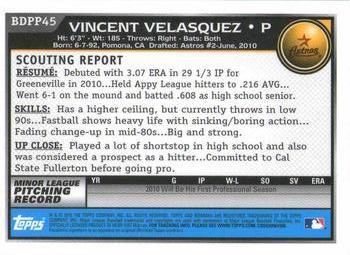 2010 Bowman Draft Picks & Prospects - Prospects Gold #BDPP45 Vincent Velasquez Back