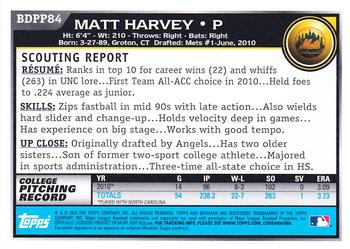2010 Bowman Draft Picks & Prospects - Prospects Gold #BDPP84 Matt Harvey Back