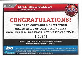 2010 Bowman Draft Picks & Prospects - USA Baseball Jerseys #USAR-2 Cole Billingsley Back