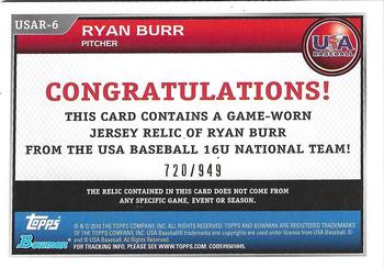 2010 Bowman Draft Picks & Prospects - USA Baseball Jerseys #USAR-6 Ryan Burr Back