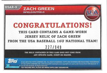 2010 Bowman Draft Picks & Prospects - USA Baseball Jerseys #USAR-9 Zach Green Back