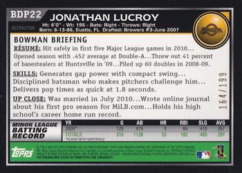 2010 Bowman Draft Picks & Prospects - Chrome Blue Refractors #BDP22 Jonathan Lucroy Back