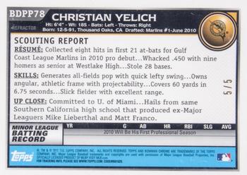 2010 Bowman Draft Picks & Prospects - Chrome Prospect Autographs Red Refractors #BDPP78 Christian Yelich Back