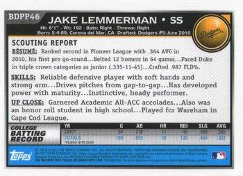 2010 Bowman Draft Picks & Prospects - Chrome Prospects #BDPP46 Jake Lemmerman Back