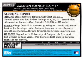 2010 Bowman Draft Picks & Prospects - Chrome Prospects #BDPP74 Aaron Sanchez Back