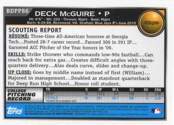 2010 Bowman Draft Picks & Prospects - Chrome Prospects #BDPP86 Deck McGuire Back