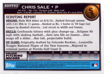 2010 Bowman Draft Picks & Prospects - Chrome Prospects #BDPP92 Chris Sale Back