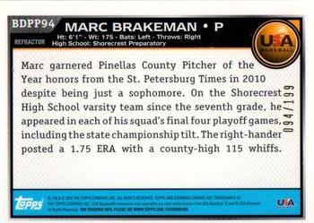 2010 Bowman Draft Picks & Prospects - Chrome Prospects Blue Refractors #BDPP94 Marc Brakeman Back