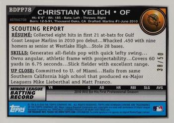 2010 Bowman Draft Picks & Prospects - Chrome Prospects Gold Refractors #BDPP78 Christian Yelich Back