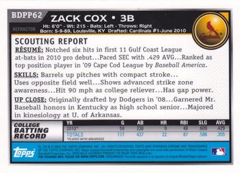 2010 Bowman Draft Picks & Prospects - Chrome Prospects Purple Refractors #BDPP62 Zack Cox Back