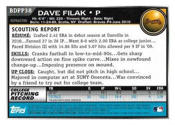 2010 Bowman Draft Picks & Prospects - Chrome Prospects Refractors #BDPP38 Dave Filak Back