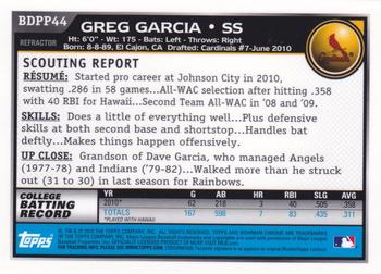 2010 Bowman Draft Picks & Prospects - Chrome Prospects Refractors #BDPP44 Greg Garcia Back